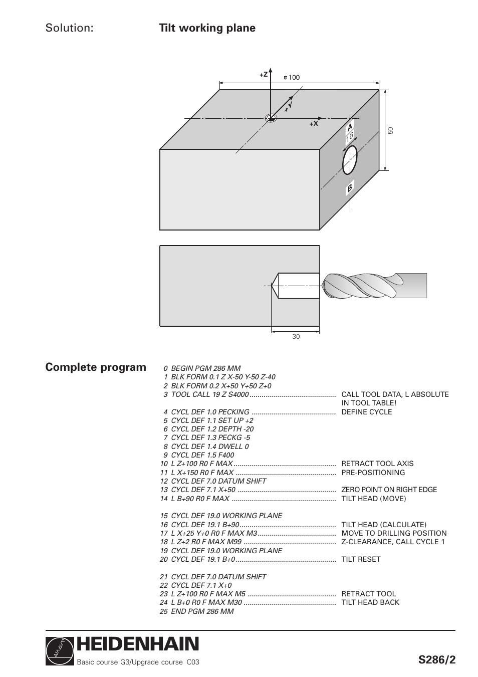 Heidenhain, Solution: tilt working plane s286/2, Complete program | HEIDENHAIN TNC 426 (280 460) Training Basic User Manual | Page 110 / 110