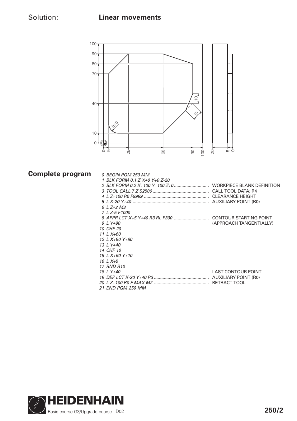 Heidenhain, Solution: linear movements 250/2, Complete program | HEIDENHAIN TNC 426 (280 460) Training Basic User Manual | Page 13 / 110