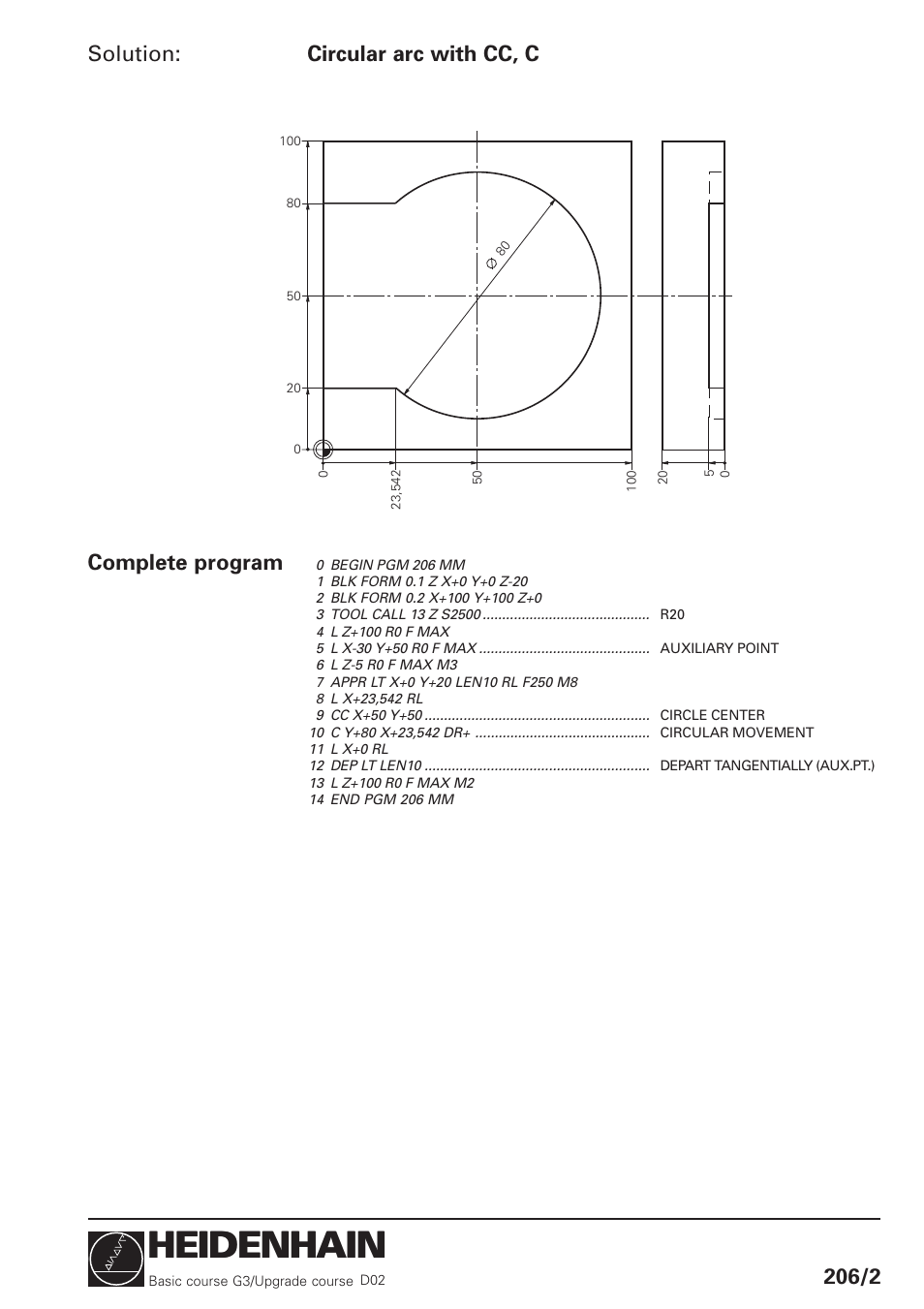 Heidenhain, Solution, Circular arc with cc, c 206/2 | Complete program | HEIDENHAIN TNC 426 (280 460) Training Basic User Manual | Page 17 / 110