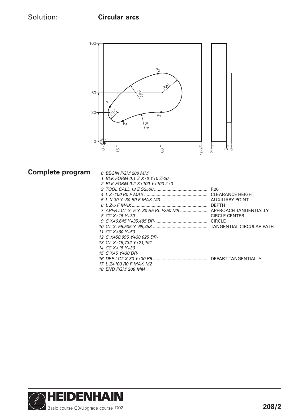 Heidenhain, Solution, Circular arcs 208/2 | Complete program | HEIDENHAIN TNC 426 (280 460) Training Basic User Manual | Page 21 / 110