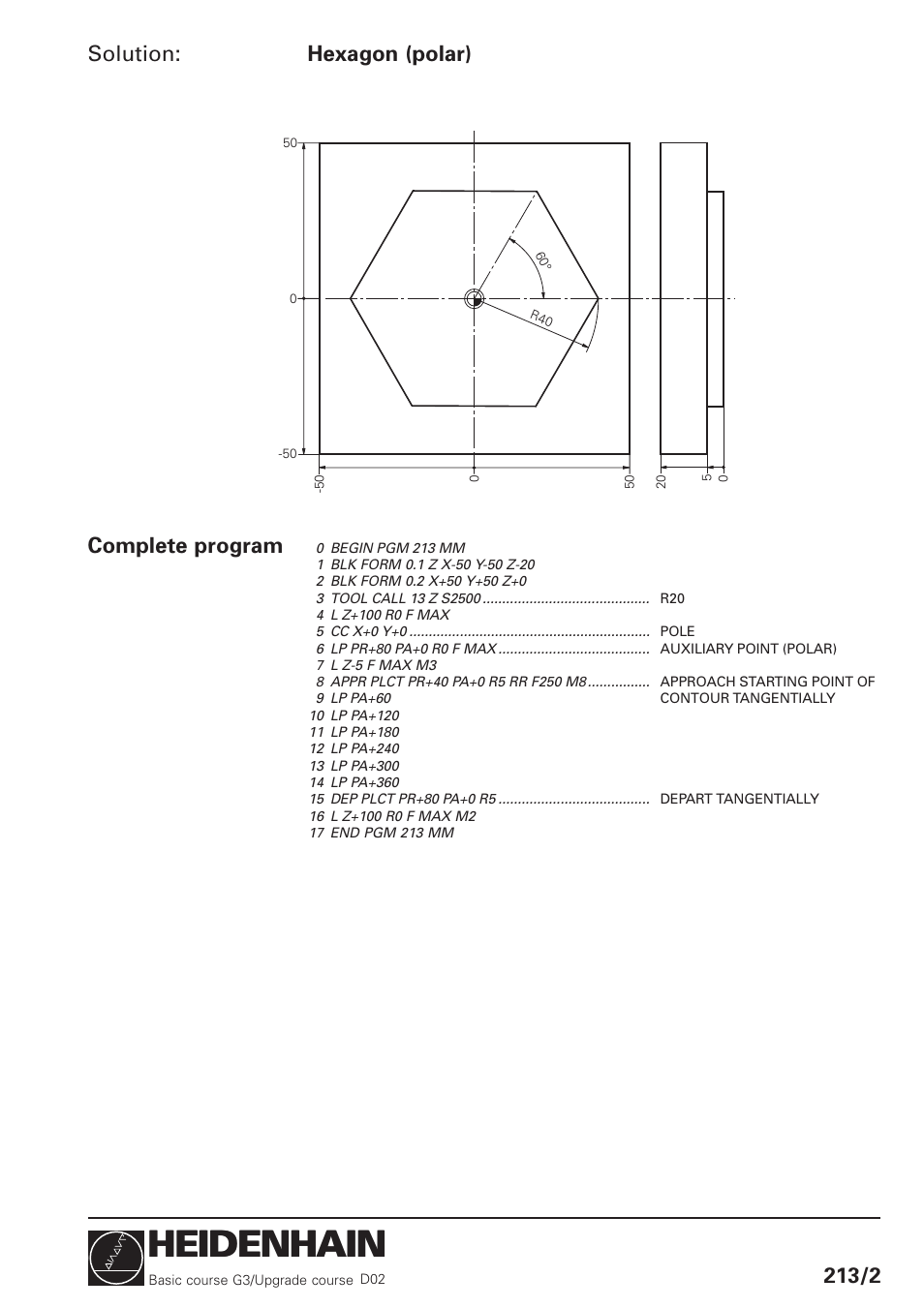 Heidenhain, Solution, Hexagon (polar) complete program 213/2 | HEIDENHAIN TNC 426 (280 460) Training Basic User Manual | Page 25 / 110