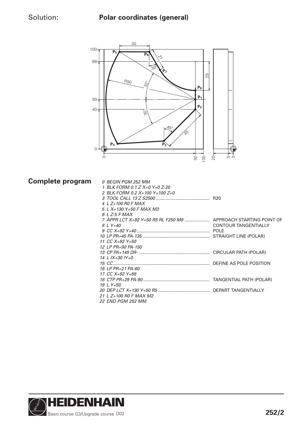Heidenhain, Solution, Polar coordinates (general) 252/2 | Complete program | HEIDENHAIN TNC 426 (280 460) Training Basic User Manual | Page 31 / 110
