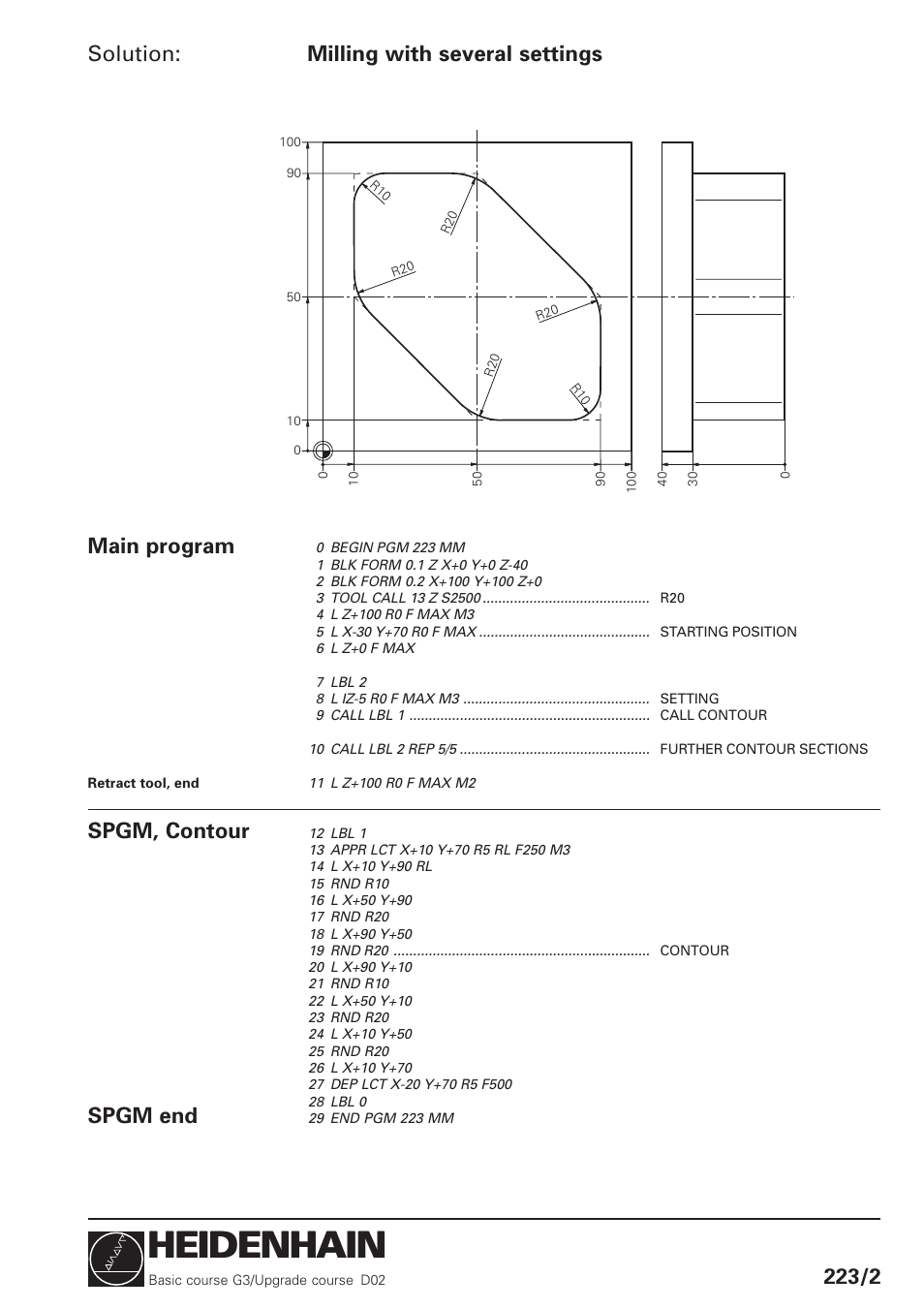 Heidenhain, Solution, Milling with several settings 223/2 | Main program spgm, contour, Spgm end | HEIDENHAIN TNC 426 (280 460) Training Basic User Manual | Page 78 / 110