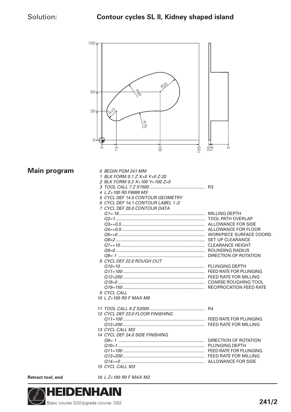 Heidenhain, Solution, Contour cycles sl ii, kidney shaped island 241/2 | Main program | HEIDENHAIN TNC 426 (280 460) Training Basic User Manual | Page 83 / 110