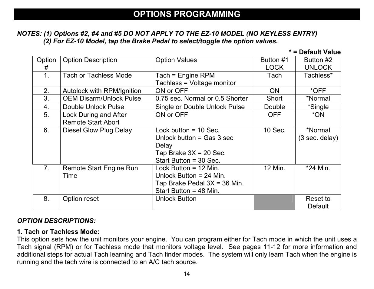 Options programming | Crimestopper Security Products EZ-30 User Manual | Page 14 / 20