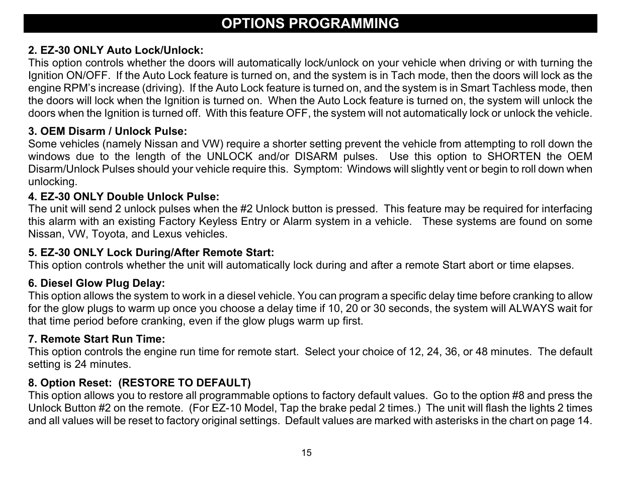 Options programming, Ez-30 only double unlock pulse | Crimestopper Security Products EZ-30 User Manual | Page 15 / 20