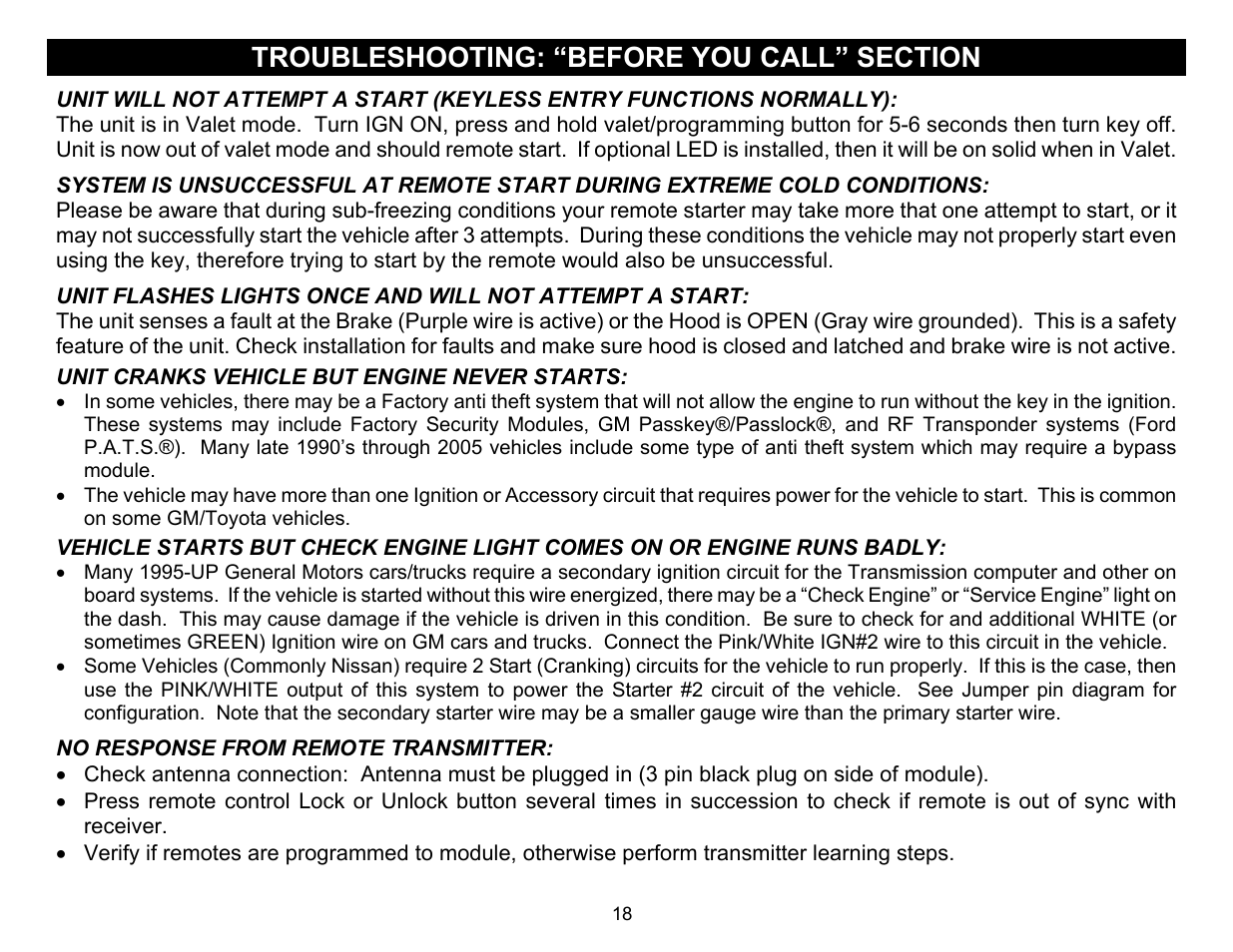 Troubleshooting: “before you call” section, Unit cranks vehicle but engine never starts | Crimestopper Security Products EZ-30 User Manual | Page 18 / 20