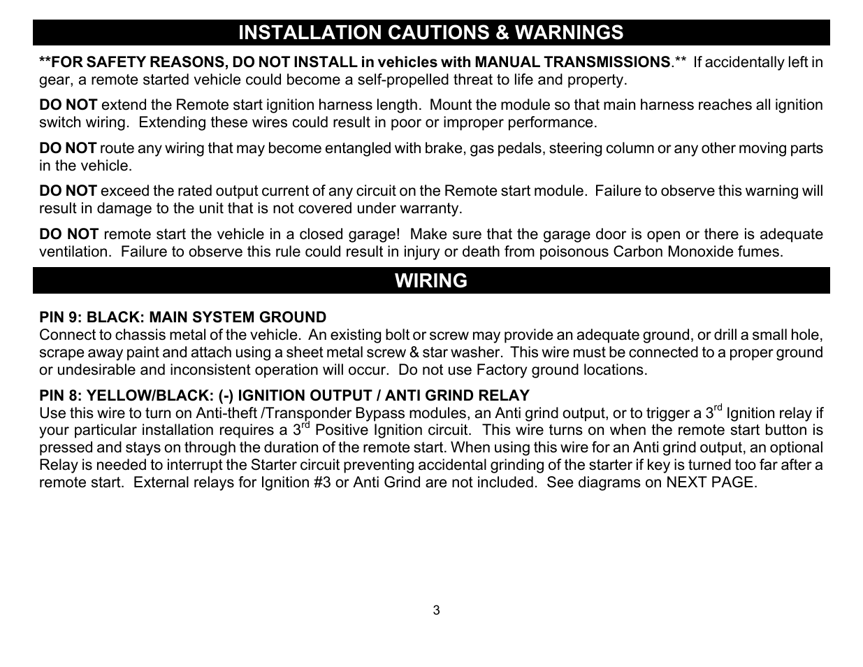 Installation cautions & warnings, Wiring | Crimestopper Security Products EZ-30 User Manual | Page 3 / 20