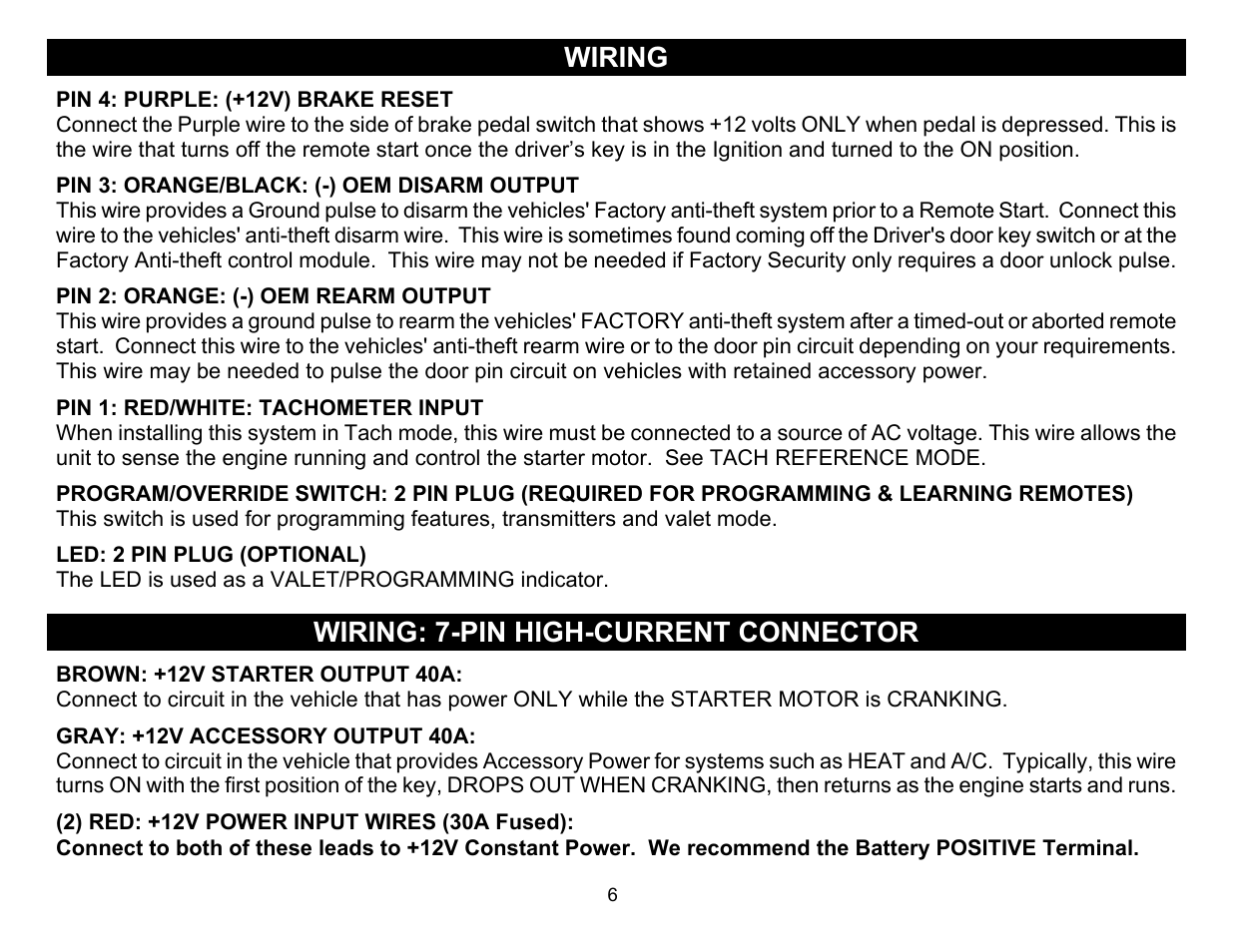 Wiring, Wiring: 7-pin high-current connector | Crimestopper Security Products EZ-30 User Manual | Page 6 / 20