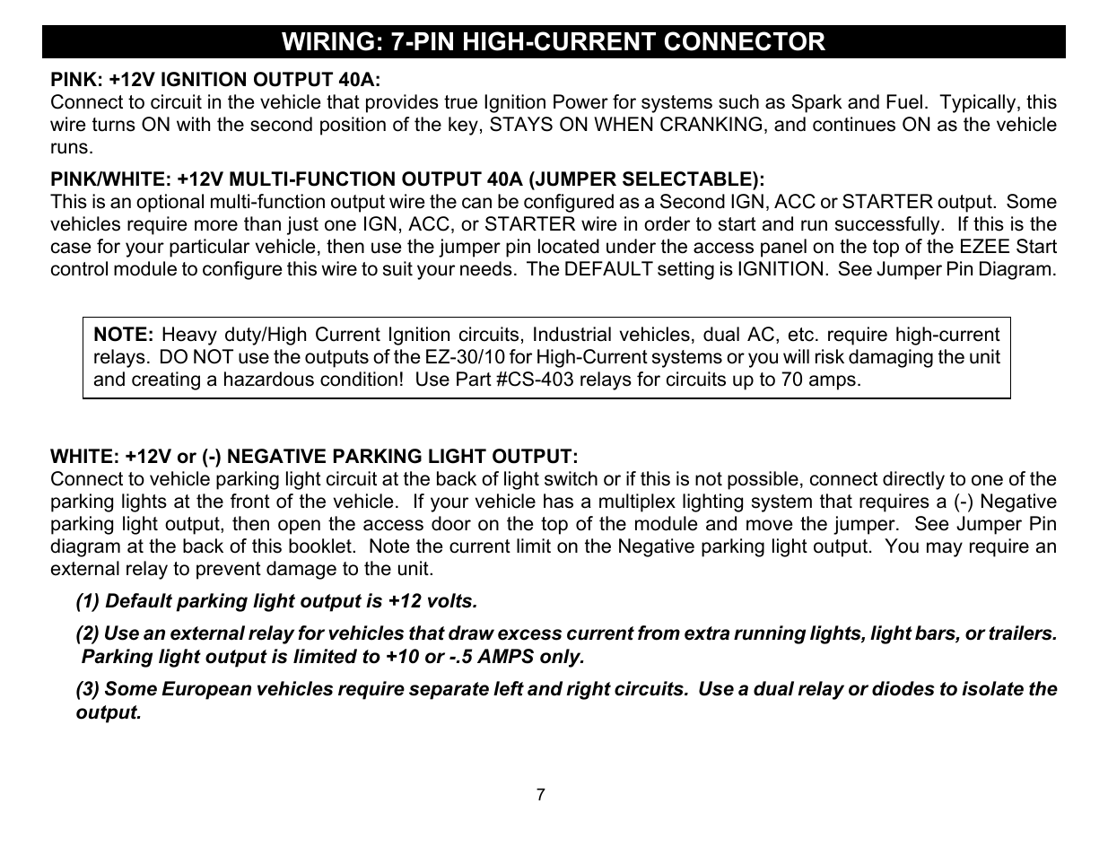 Wiring: 7-pin high-current connector, 1) default parking light output is +12 volts | Crimestopper Security Products EZ-30 User Manual | Page 7 / 20