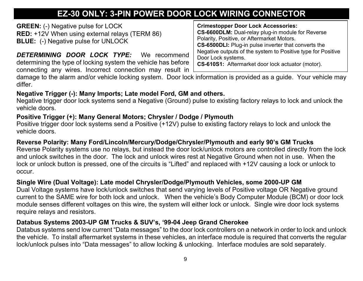 Reverse polarity: many ford/lincoln/mercury/dodge, Ez-30 only: 3-pin power door lock wiring connector, Green: (-) negative pulse for lock | Crimestopper Security Products EZ-30 User Manual | Page 9 / 20