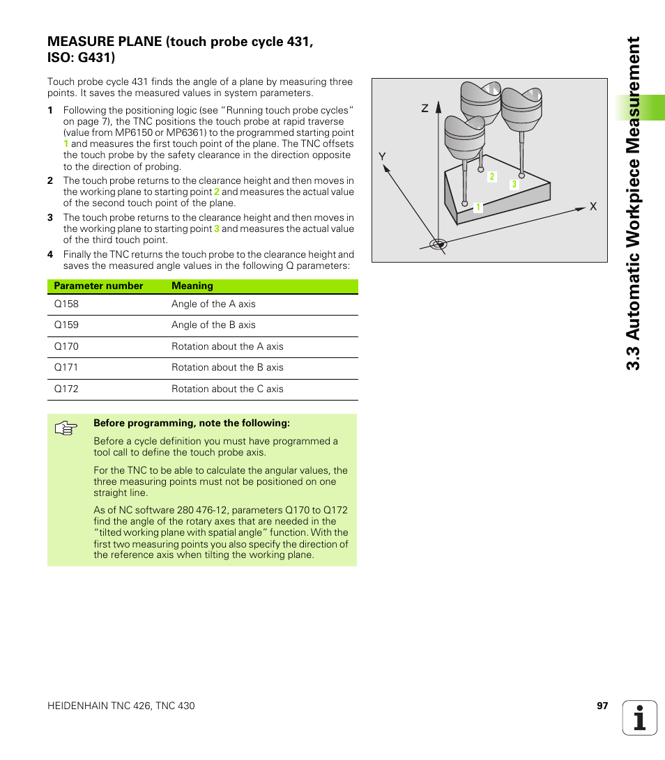 Measure plane (touch probe cycle 431, iso: g431), 3 a u to matic w o rk piece measur ement | HEIDENHAIN TNC 426B (280 472) Touch Probe Cycles User Manual | Page 109 / 157