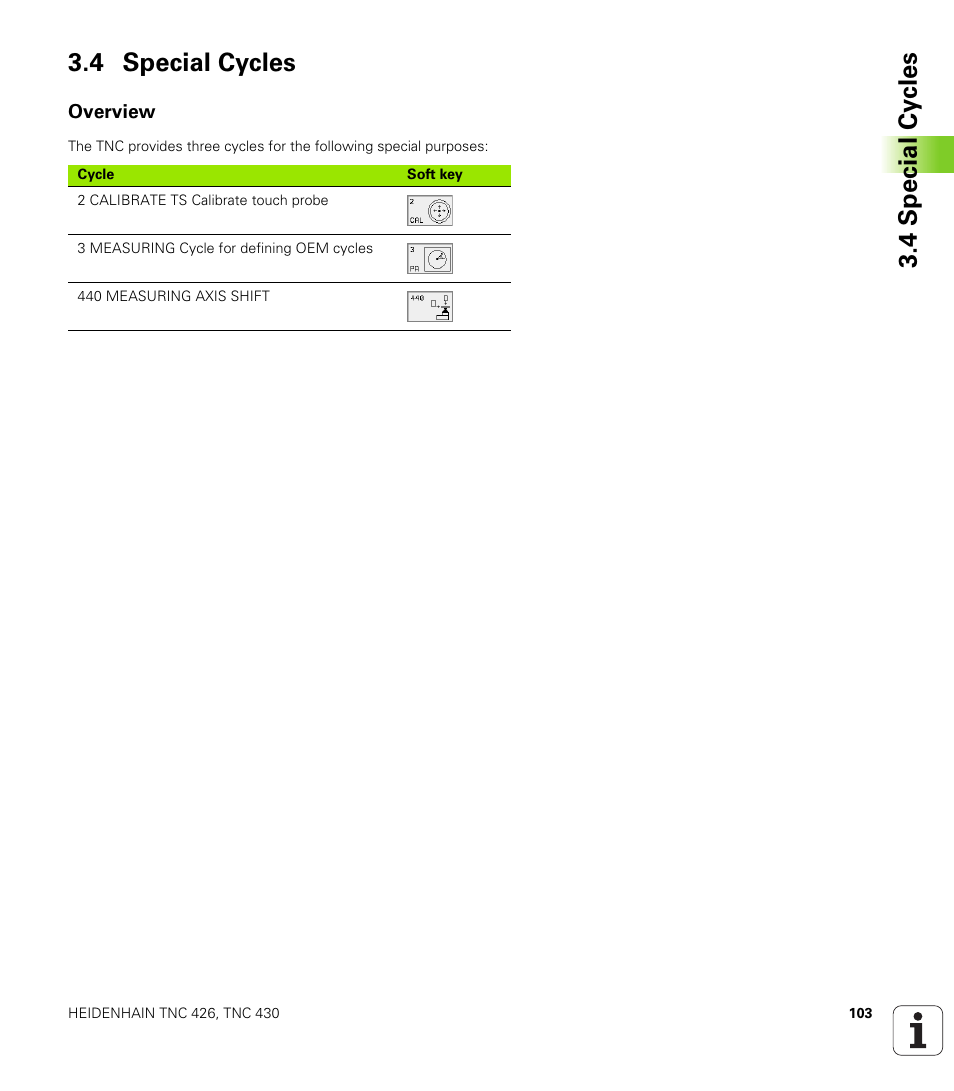 4 special cycles, Overview, Automatic calibration cycle | 4 special cy cles 3.4 special cycles | HEIDENHAIN TNC 426B (280 472) Touch Probe Cycles User Manual | Page 115 / 157