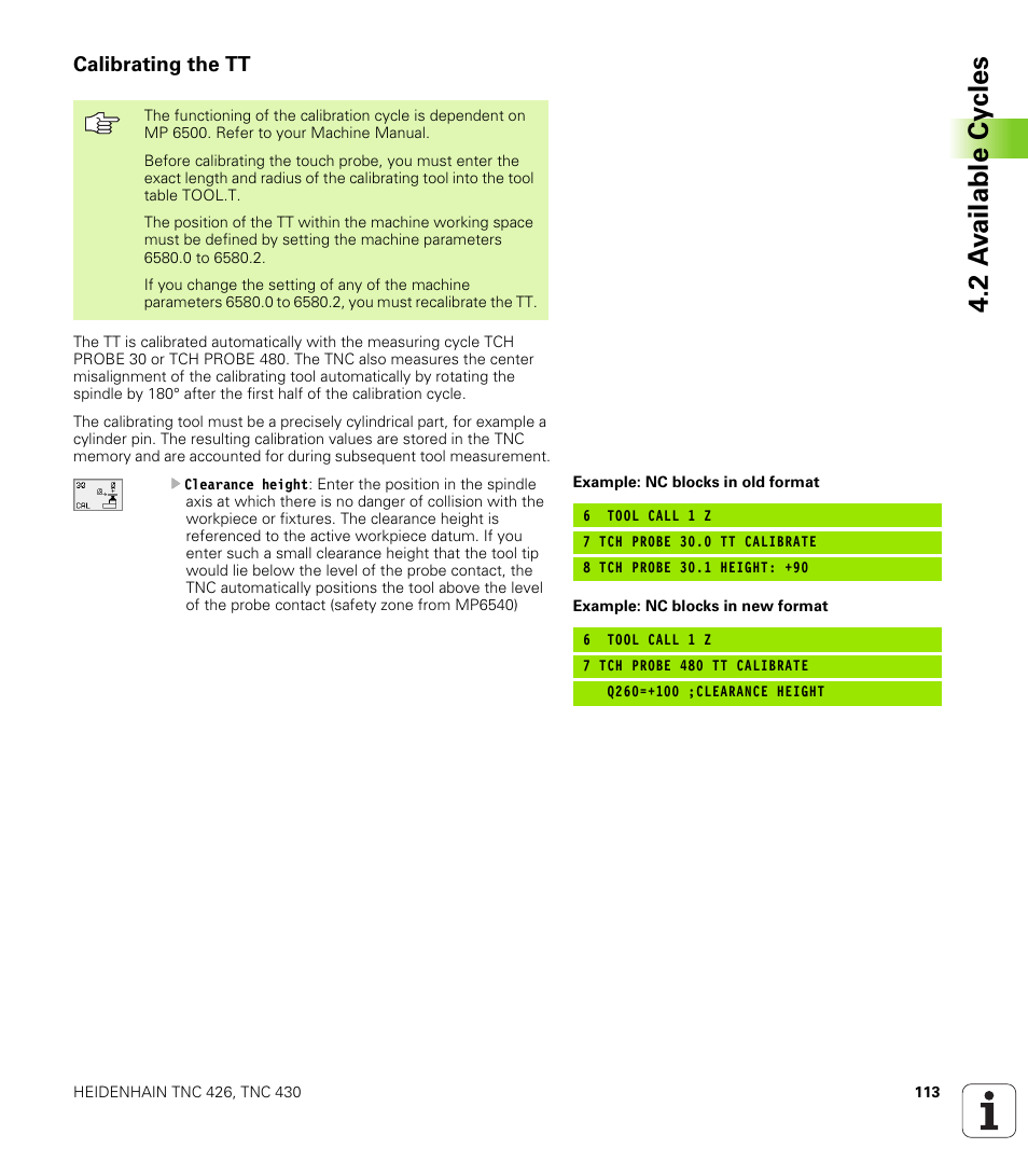 Calibrating the tt, 2 a v ailable cy cles | HEIDENHAIN TNC 426B (280 472) Touch Probe Cycles User Manual | Page 125 / 157