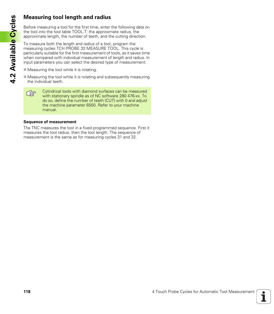 Measuring tool length and radius, 2 a v ailable cy cles | HEIDENHAIN TNC 426B (280 472) Touch Probe Cycles User Manual | Page 130 / 157