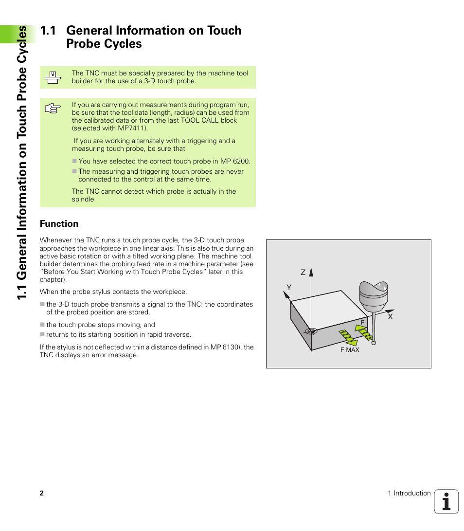 1 general information on touch probe cycles, Function | HEIDENHAIN TNC 426B (280 472) Touch Probe Cycles User Manual | Page 14 / 157