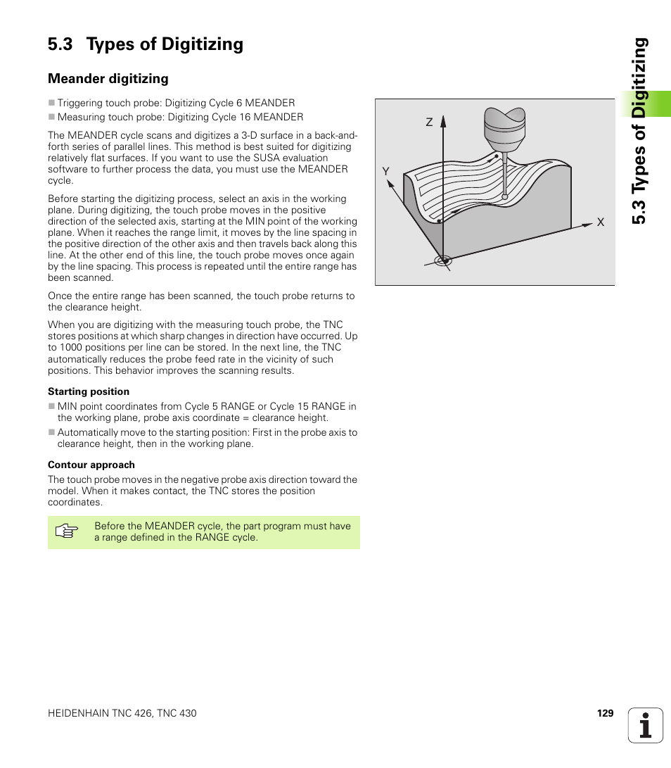 3 types of digitizing, Meander digitizing, 3 t y pes of digitizing 5.3 types of digitizing | HEIDENHAIN TNC 426B (280 472) Touch Probe Cycles User Manual | Page 141 / 157