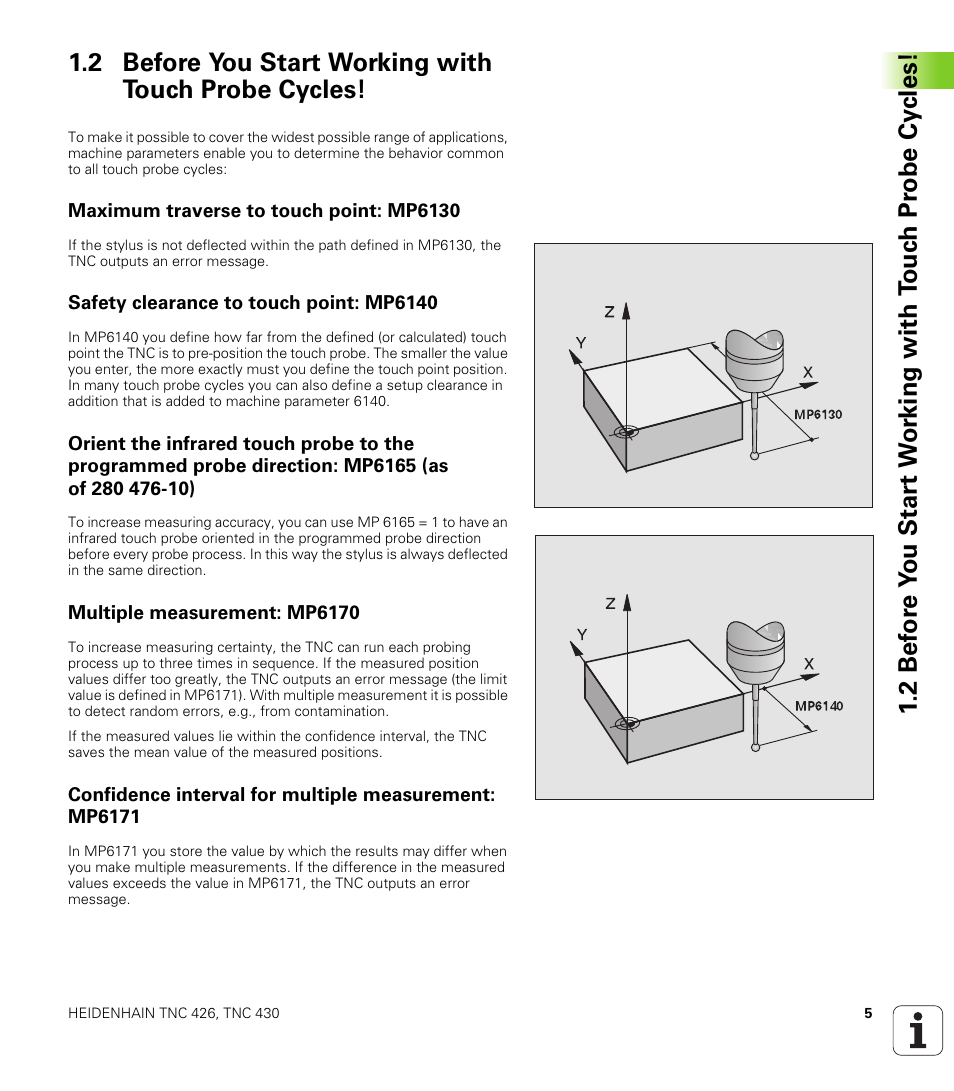 2 before you start working with touch probe cycles, Maximum traverse to touch point: mp6130, Safety clearance to touch point: mp6140 | Multiple measurement: mp6170 | HEIDENHAIN TNC 426B (280 472) Touch Probe Cycles User Manual | Page 17 / 157
