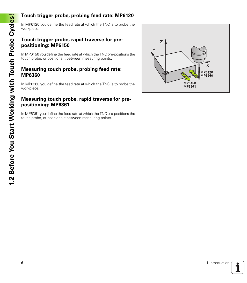 Touch trigger probe, probing feed rate: mp6120, Measuring touch probe, probing feed rate: mp6360 | HEIDENHAIN TNC 426B (280 472) Touch Probe Cycles User Manual | Page 18 / 157