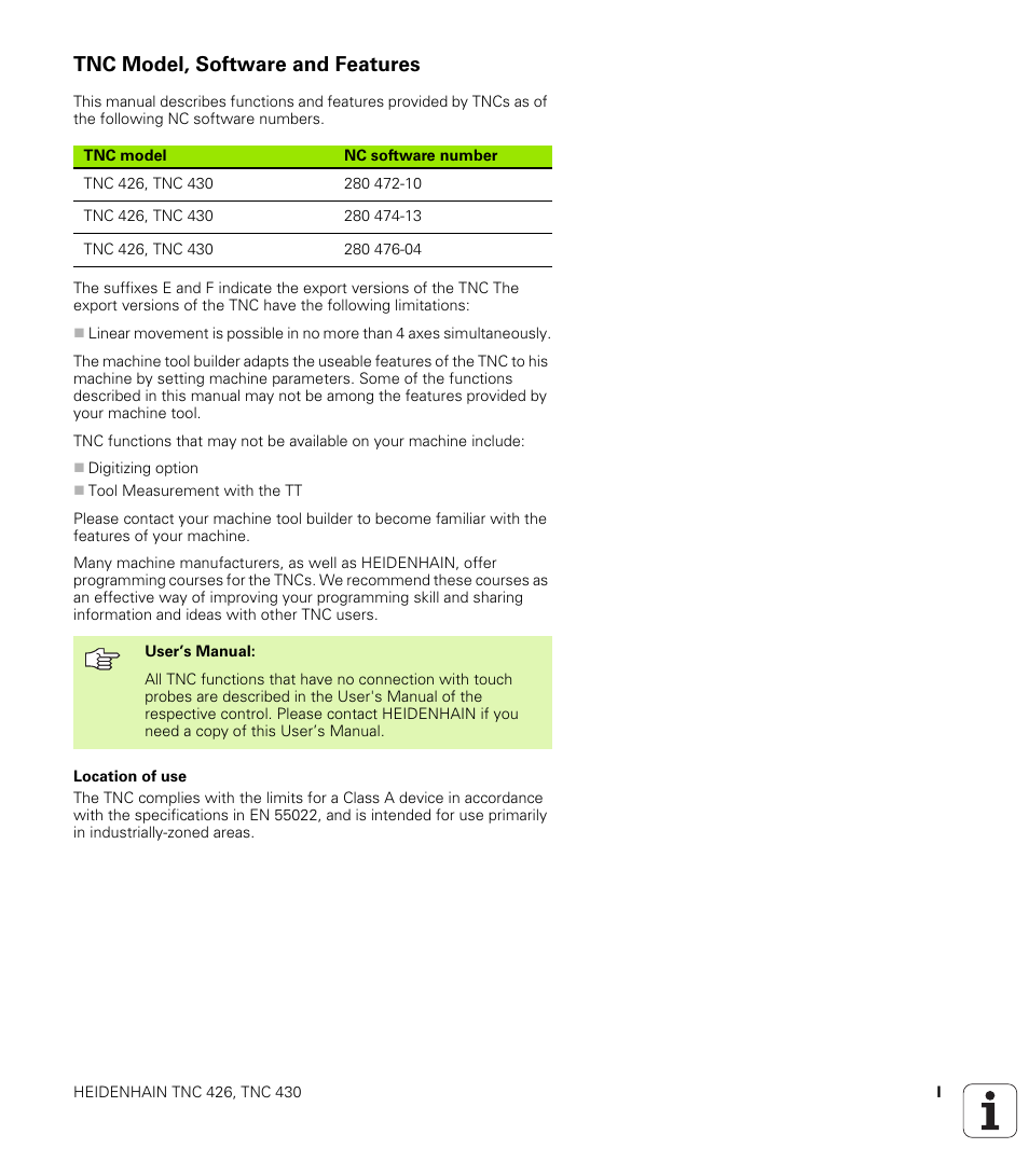 Tnc model, software and features | HEIDENHAIN TNC 426B (280 472) Touch Probe Cycles User Manual | Page 3 / 157