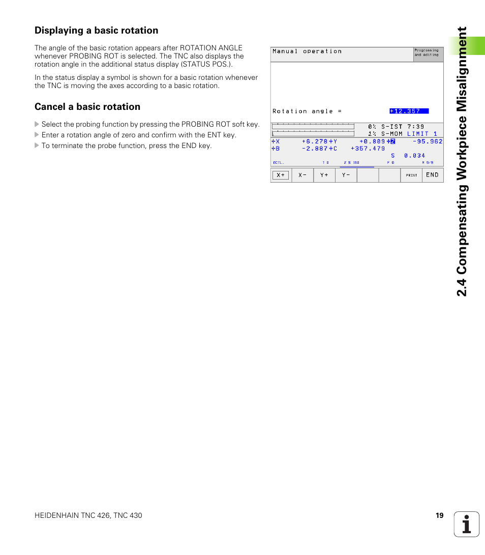 Displaying a basic rotation, Cancel a basic rotation, 4 compensating w o rk piece misalignment | HEIDENHAIN TNC 426B (280 472) Touch Probe Cycles User Manual | Page 31 / 157