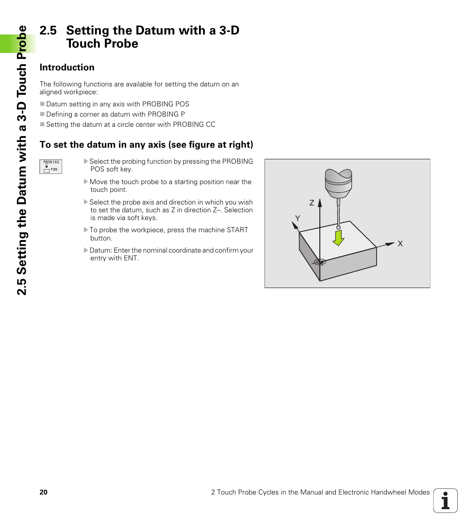 5 setting the datum with a 3-d touch probe, Introduction, To set the datum in any axis (see figure at right) | Datum setting in any axis | HEIDENHAIN TNC 426B (280 472) Touch Probe Cycles User Manual | Page 32 / 157