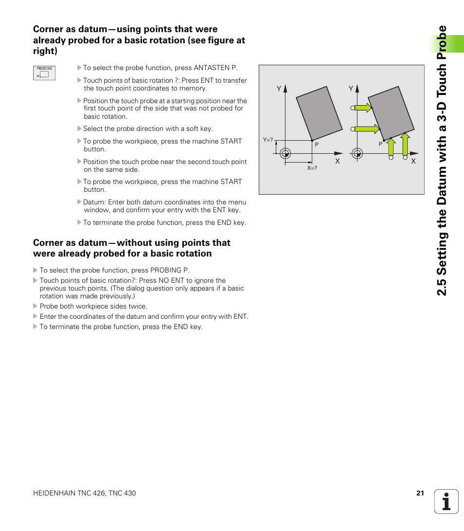 Set the datum at a corner, 5 set ting the d a tu m with a 3-d t ouc h pr obe | HEIDENHAIN TNC 426B (280 472) Touch Probe Cycles User Manual | Page 33 / 157
