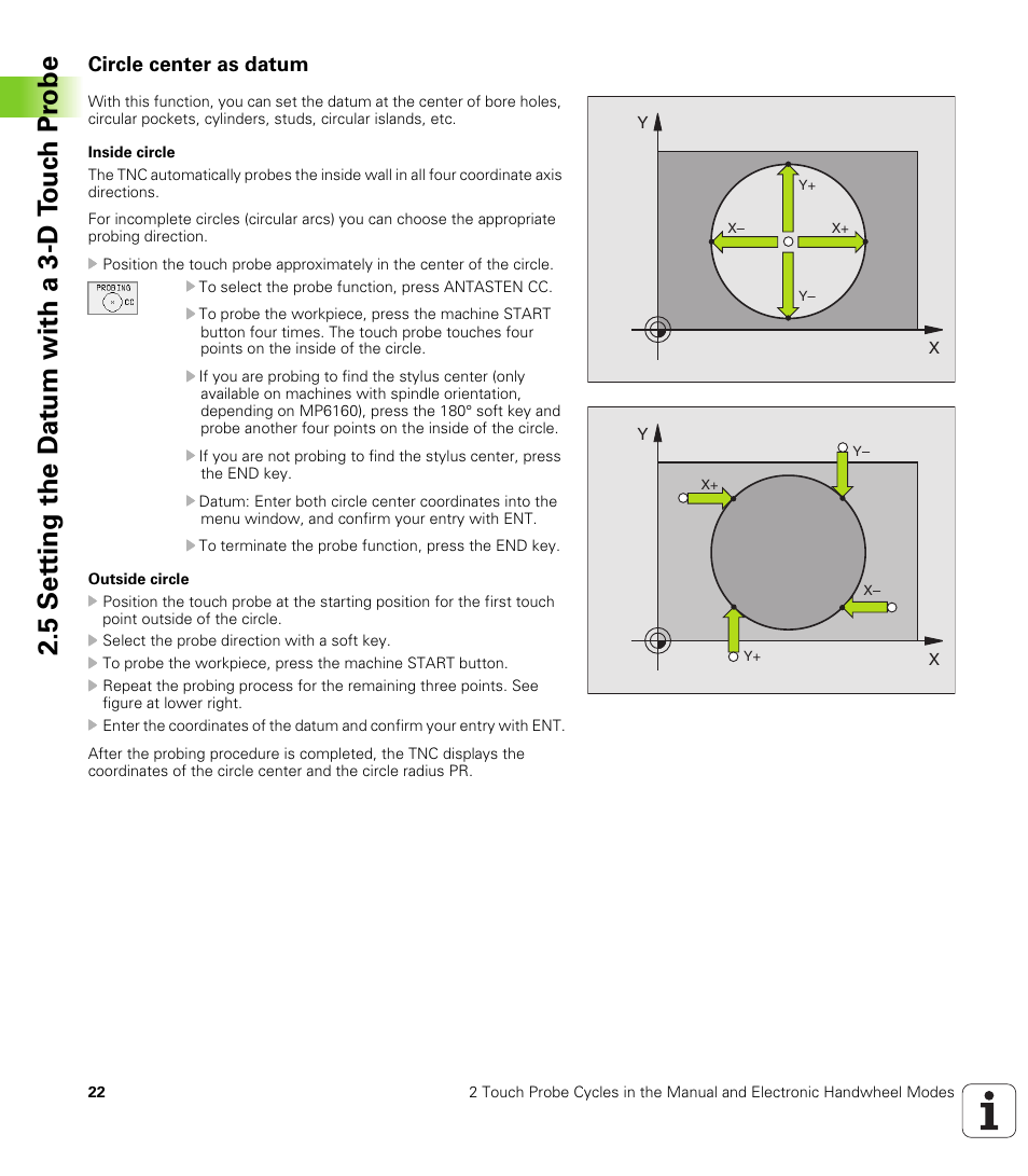 Circle center as datum, Set the datum at a circle center, 5 set ting the d a tu m with a 3-d t ouc h pr obe | HEIDENHAIN TNC 426B (280 472) Touch Probe Cycles User Manual | Page 34 / 157