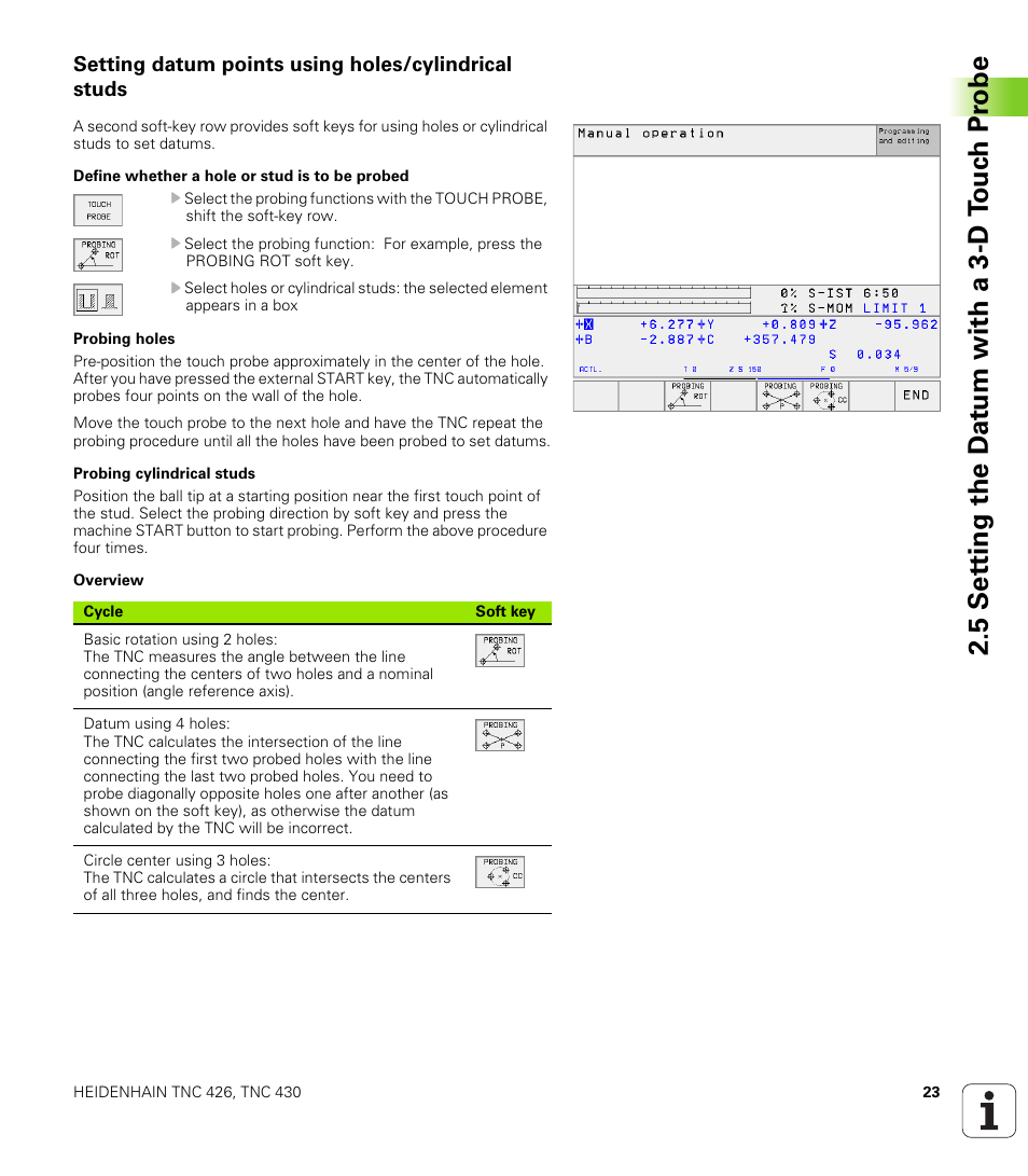 Setting datum points using holes/cylindrical studs, Set the datum using four holes/cylindrical studs, 5 set ting the d a tu m with a 3-d t ouc h pr obe | HEIDENHAIN TNC 426B (280 472) Touch Probe Cycles User Manual | Page 35 / 157