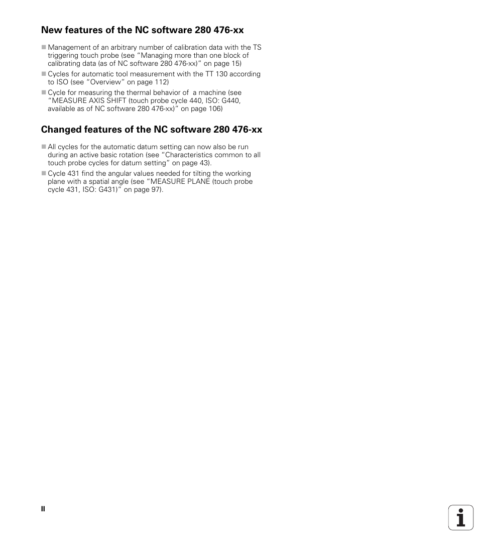 New features of the nc software 280 476-xx, Changed features of the nc software 280 476-xx | HEIDENHAIN TNC 426B (280 472) Touch Probe Cycles User Manual | Page 4 / 157