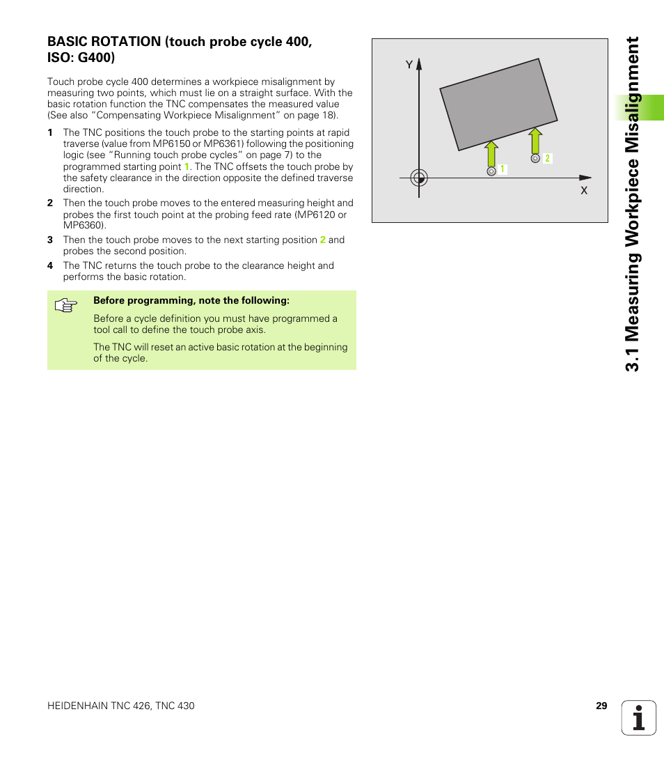 Basic rotation (touch probe cycle 400, iso: g400), 1 measur ing w o rk piece misalignment | HEIDENHAIN TNC 426B (280 472) Touch Probe Cycles User Manual | Page 41 / 157