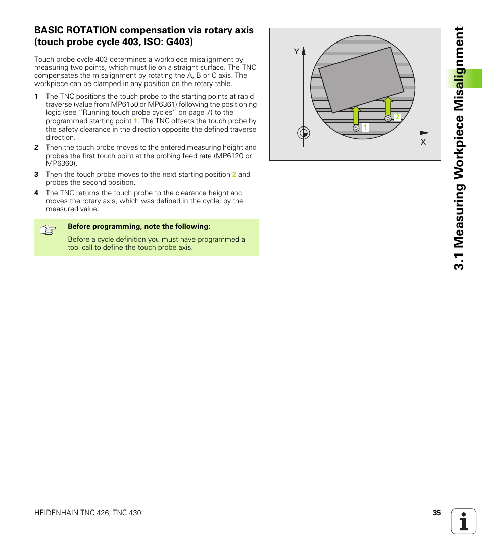 1 measur ing w o rk piece misalignment | HEIDENHAIN TNC 426B (280 472) Touch Probe Cycles User Manual | Page 47 / 157