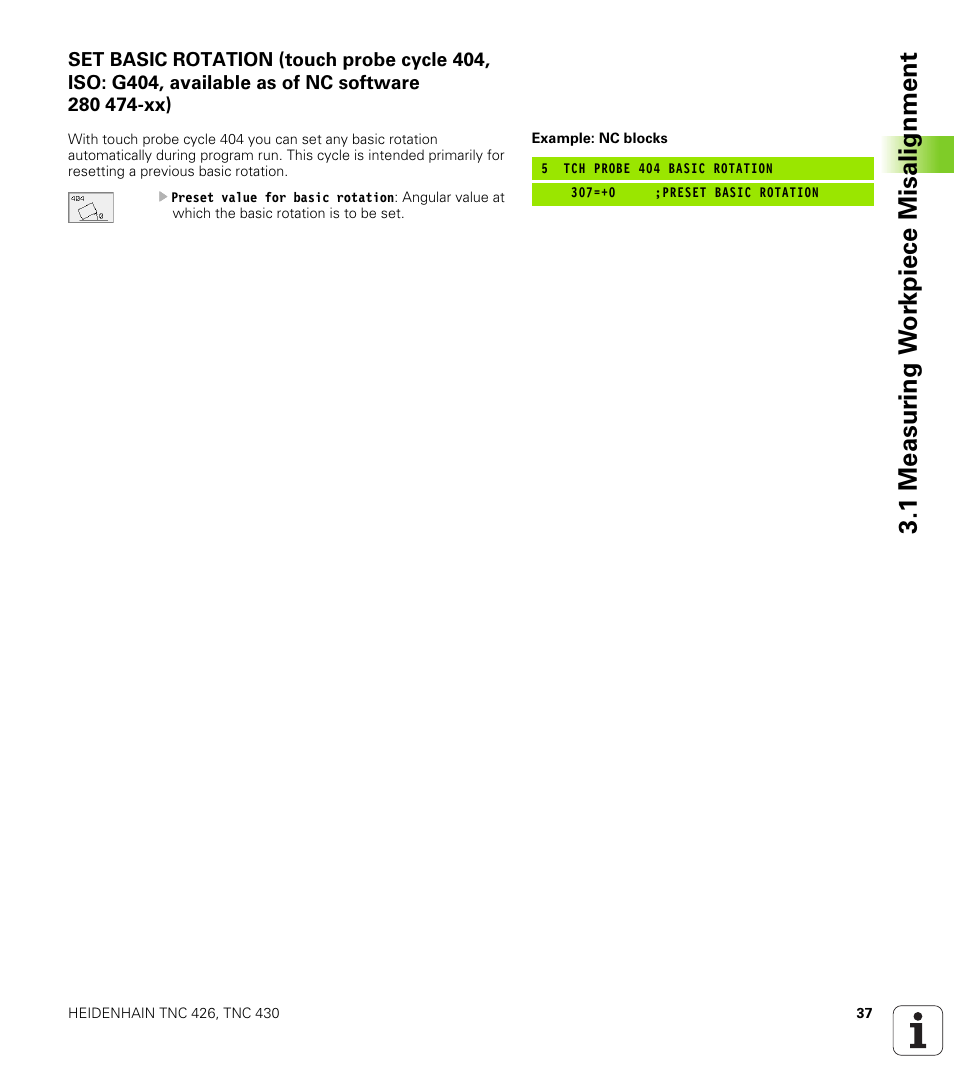 404 set basic rotation setting any basic rotation, 1 measur ing w o rk piece misalignment | HEIDENHAIN TNC 426B (280 472) Touch Probe Cycles User Manual | Page 49 / 157