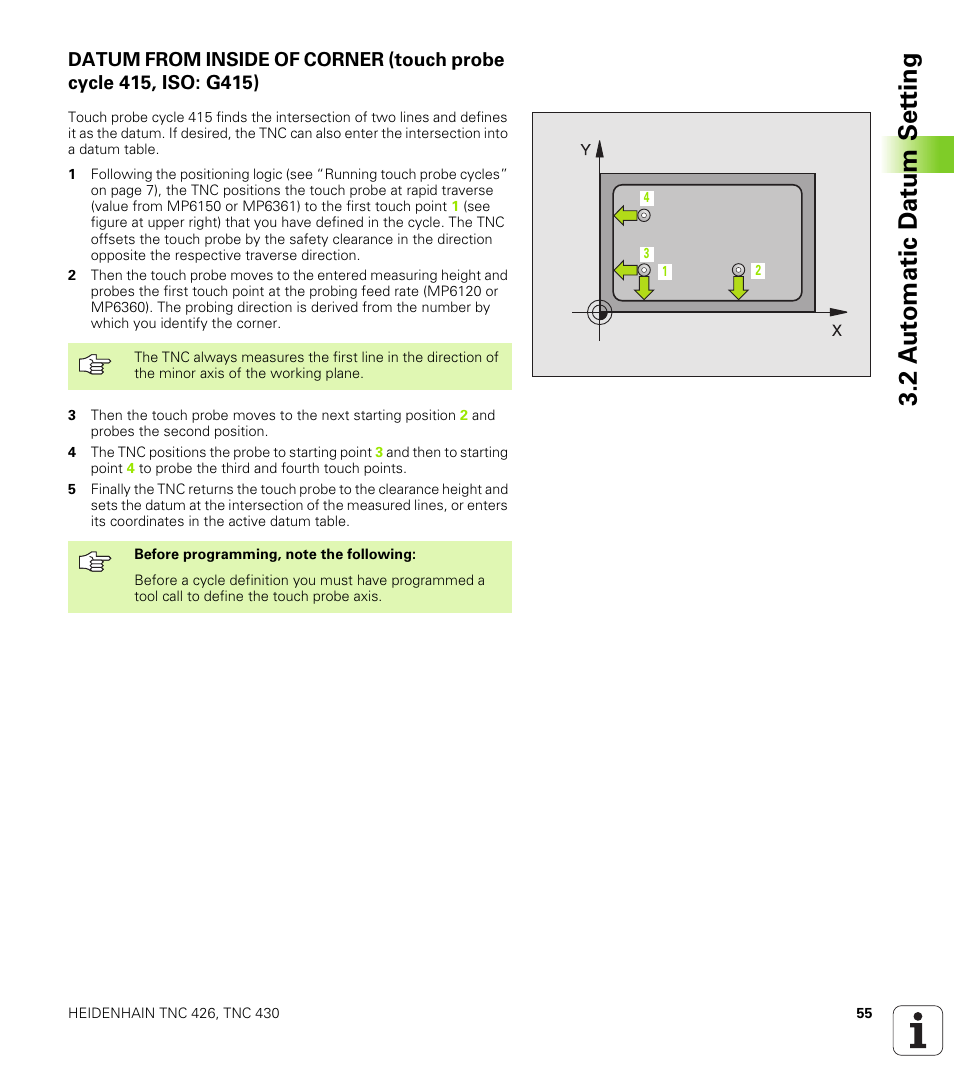 2 a u to matic d at u m set ting | HEIDENHAIN TNC 426B (280 472) Touch Probe Cycles User Manual | Page 67 / 157