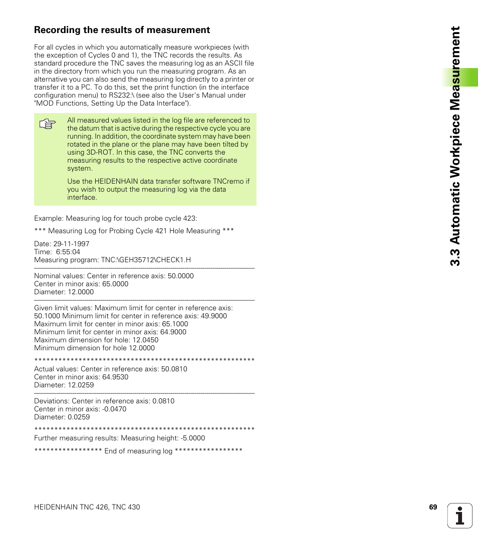 Recording the results of measurement, 3 a u to matic w o rk piece measur ement | HEIDENHAIN TNC 426B (280 472) Touch Probe Cycles User Manual | Page 81 / 157