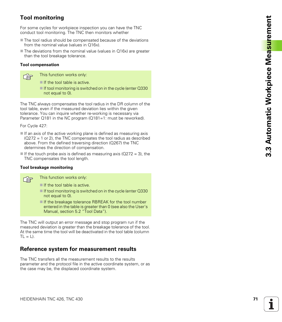 Tool monitoring, Reference system for measurement results, 3 a u to matic w o rk piece measur ement | HEIDENHAIN TNC 426B (280 472) Touch Probe Cycles User Manual | Page 83 / 157