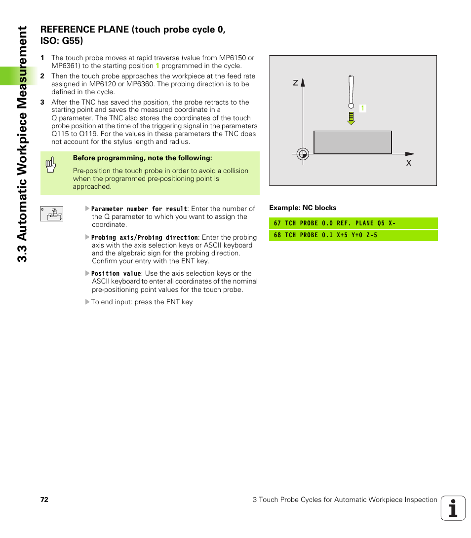 Reference plane (touch probe cycle 0, iso: g55), 3 a u to matic w o rk piece measur ement | HEIDENHAIN TNC 426B (280 472) Touch Probe Cycles User Manual | Page 84 / 157