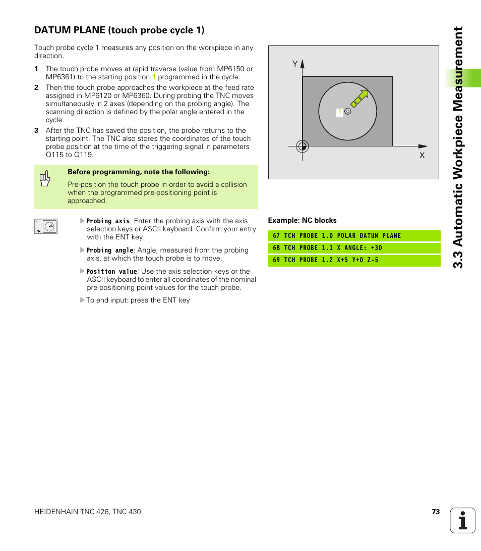 Datum plane (touch probe cycle 1), 3 a u to matic w o rk piece measur ement | HEIDENHAIN TNC 426B (280 472) Touch Probe Cycles User Manual | Page 85 / 157