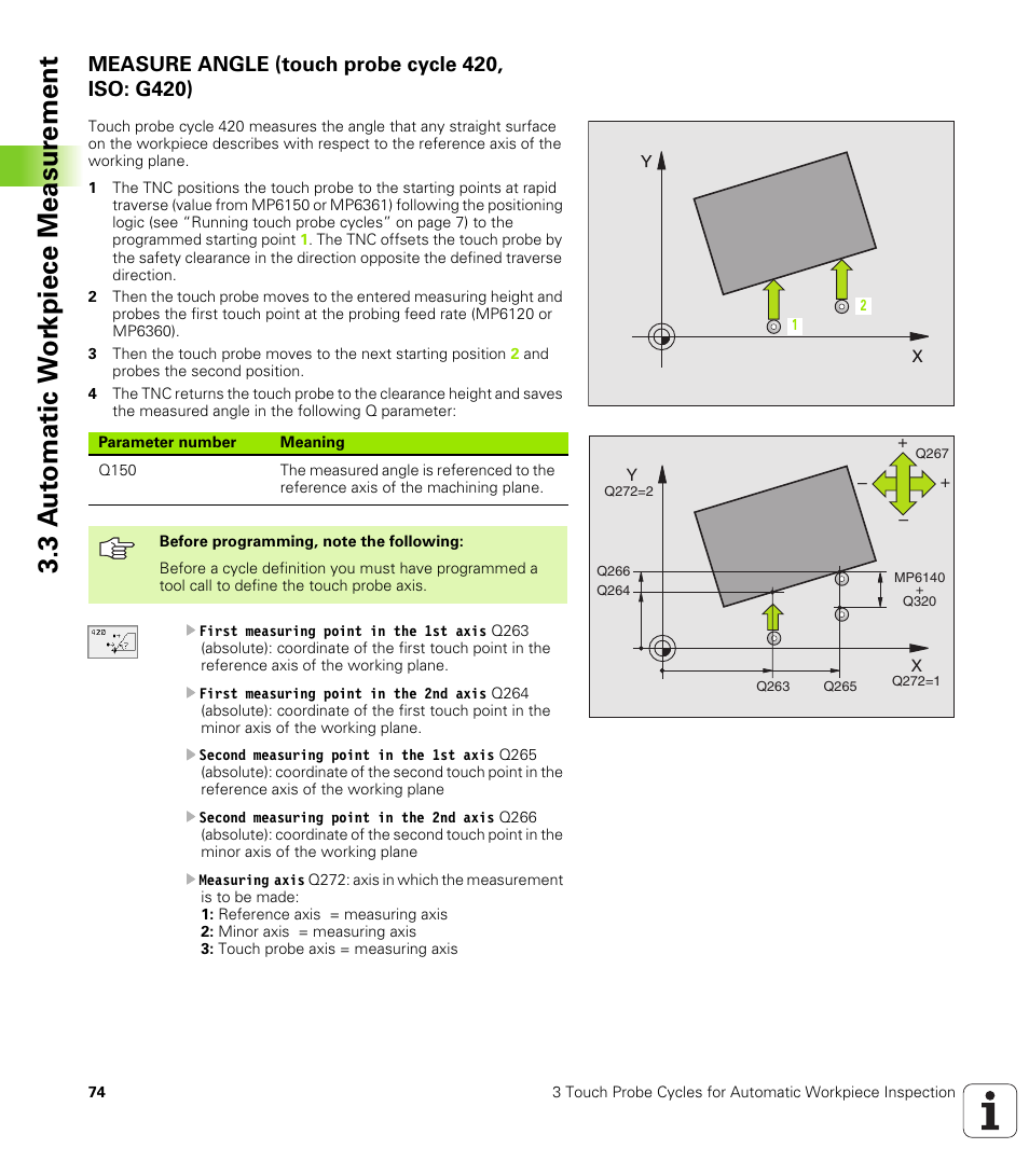 Measure angle (touch probe cycle 420, iso: g420), 3 a u to matic w o rk piece measur ement | HEIDENHAIN TNC 426B (280 472) Touch Probe Cycles User Manual | Page 86 / 157