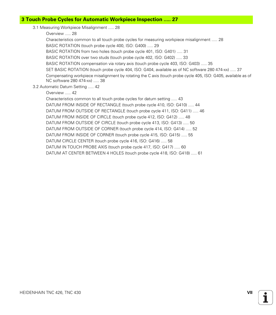 HEIDENHAIN TNC 426B (280 472) Touch Probe Cycles User Manual | Page 9 / 157