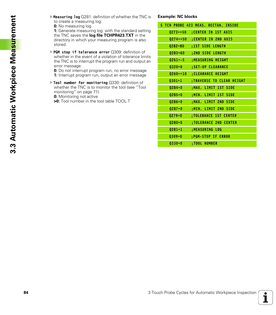 3 a u to matic w o rk piece measur ement | HEIDENHAIN TNC 426B (280 472) Touch Probe Cycles User Manual | Page 96 / 157