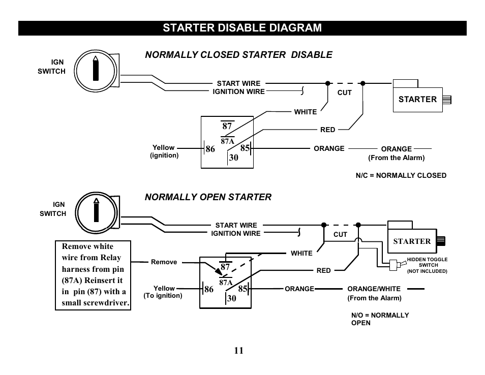 Starter disable diagram, Normally closed starter disable, Normally open starter | Crimestopper Security Products CS-2205 User Manual | Page 11 / 32