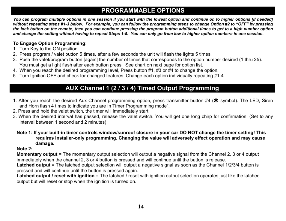 Programmable options, Aux channel 1 (2 / 3 / 4) timed output programming | Crimestopper Security Products CS-2205 User Manual | Page 14 / 32