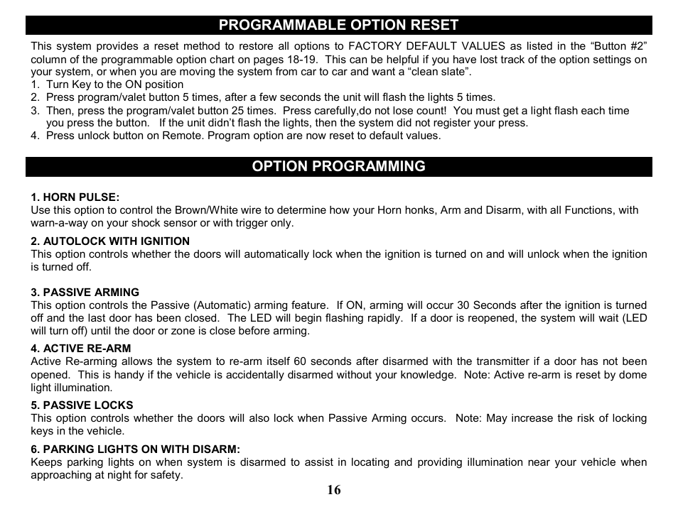 Programmable option reset, Option programming | Crimestopper Security Products CS-2205 User Manual | Page 16 / 32