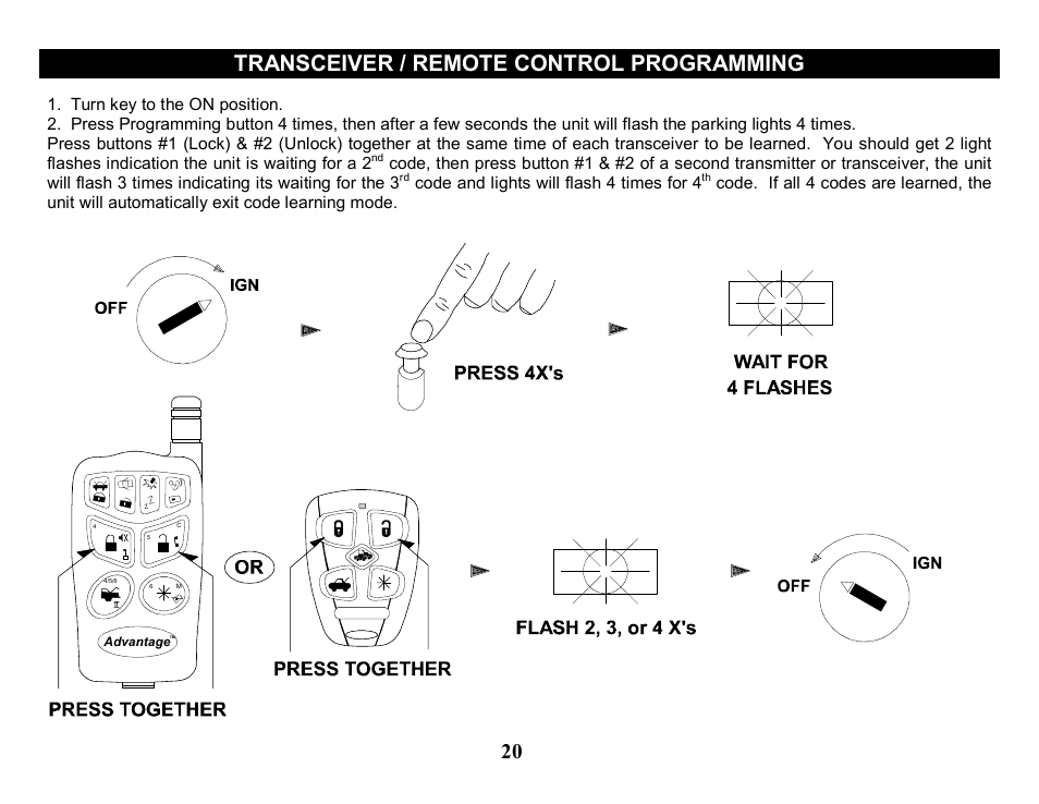 Transceiver / remote control programming, Code and lights will flash 4 times for 4 | Crimestopper Security Products CS-2205 User Manual | Page 20 / 32