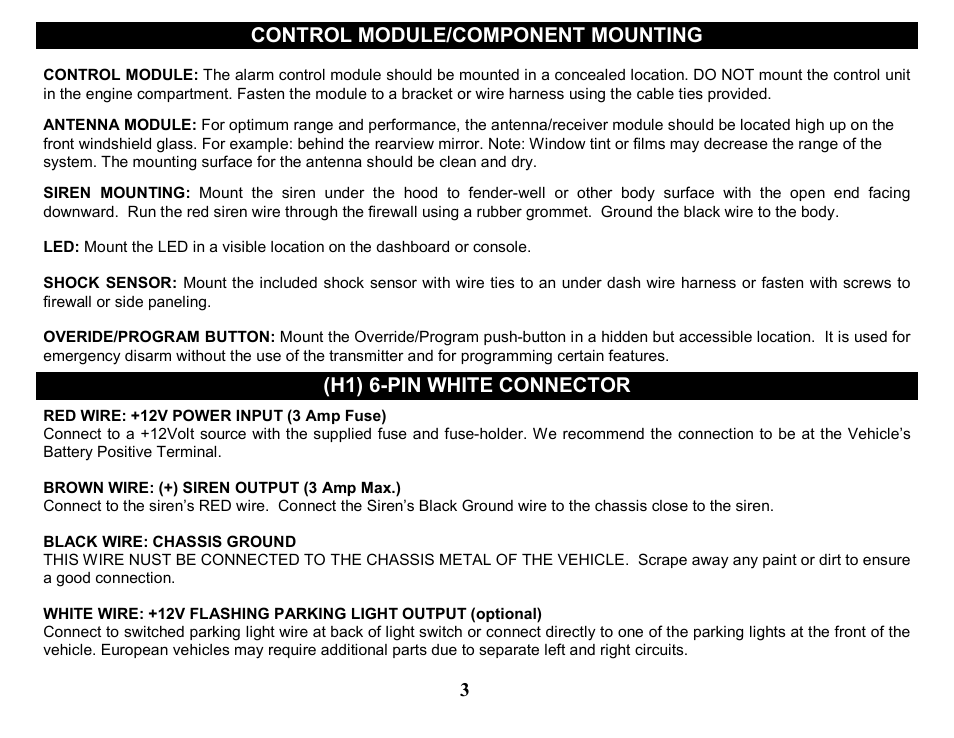 Control module/component mounting, H1) 6-pin white connector | Crimestopper Security Products CS-2205 User Manual | Page 3 / 32