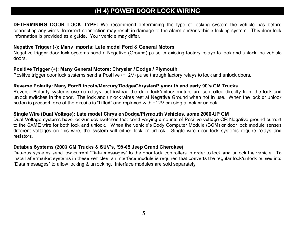 H 4) power door lock wiring | Crimestopper Security Products CS-2205 User Manual | Page 5 / 32