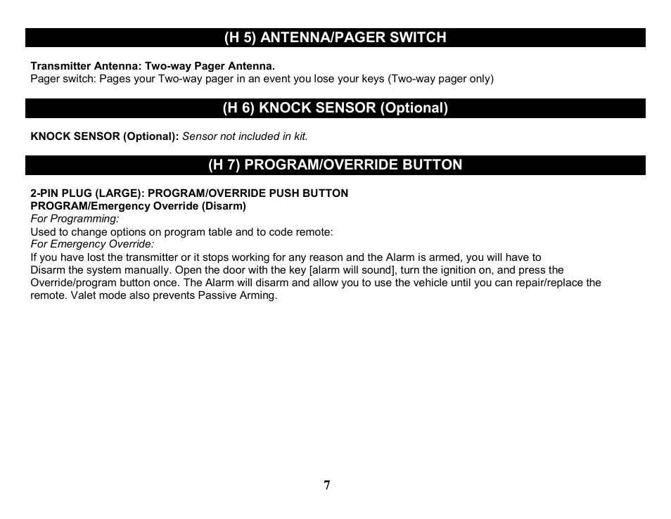 H 5) antenna/pager switch, H 6) knock sensor (optional), H 7) program/override button | Crimestopper Security Products CS-2205 User Manual | Page 7 / 32