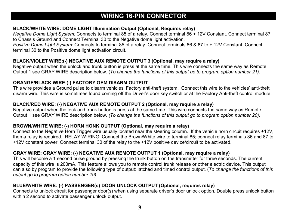 Wiring 16-pin connector | Crimestopper Security Products CS-2205 User Manual | Page 9 / 32