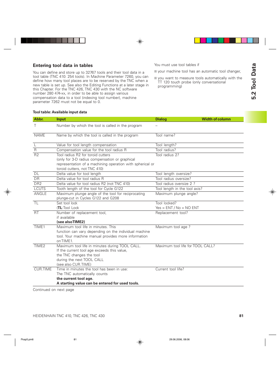 2 t ool d ata | HEIDENHAIN TNC 426B (280 472) ISO programming User Manual | Page 97 / 389